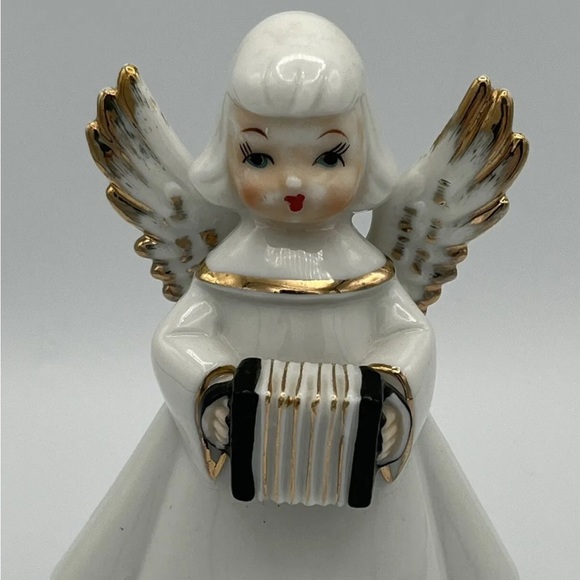 Vintage Chase JAPAN Porcelain Angel Figurines Set of 2 Accordian White Gold - Picture 2 of 9